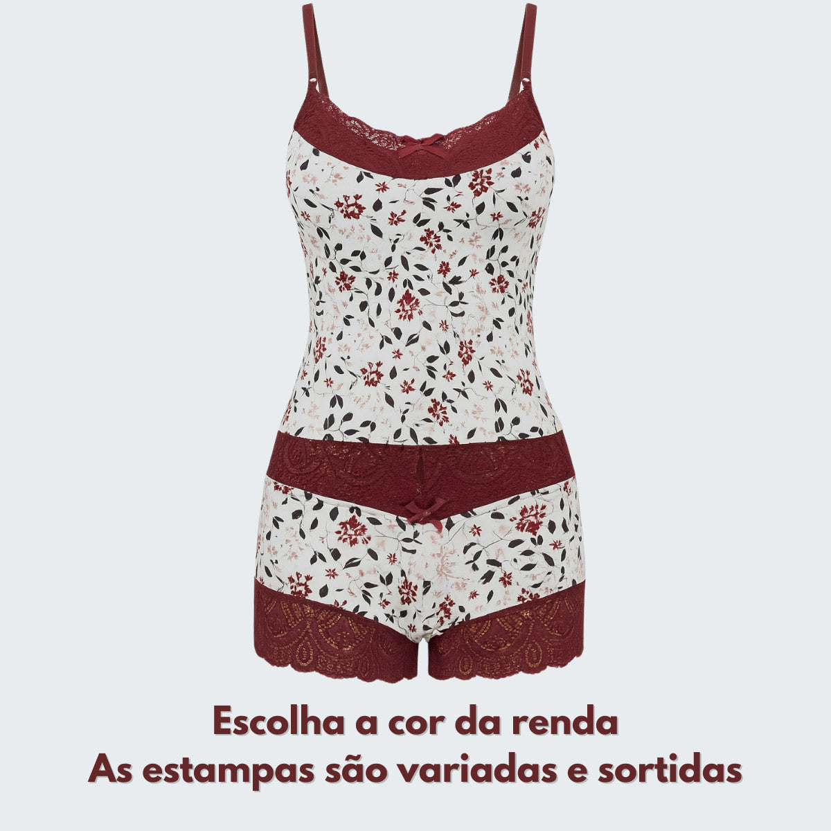 Short Doll Belíssima Estampado com Renda em vinho, vista frontal, pose 1.