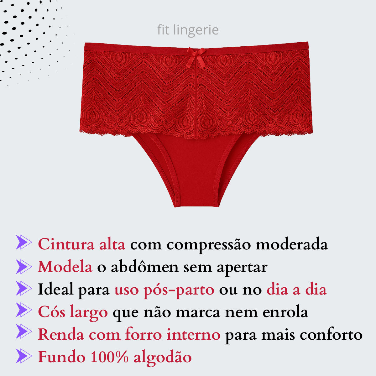 Calcinha Cintura Alta Modeladora Pós Parto em Renda e Cotton em vermelho cores escuras, vista frontal.