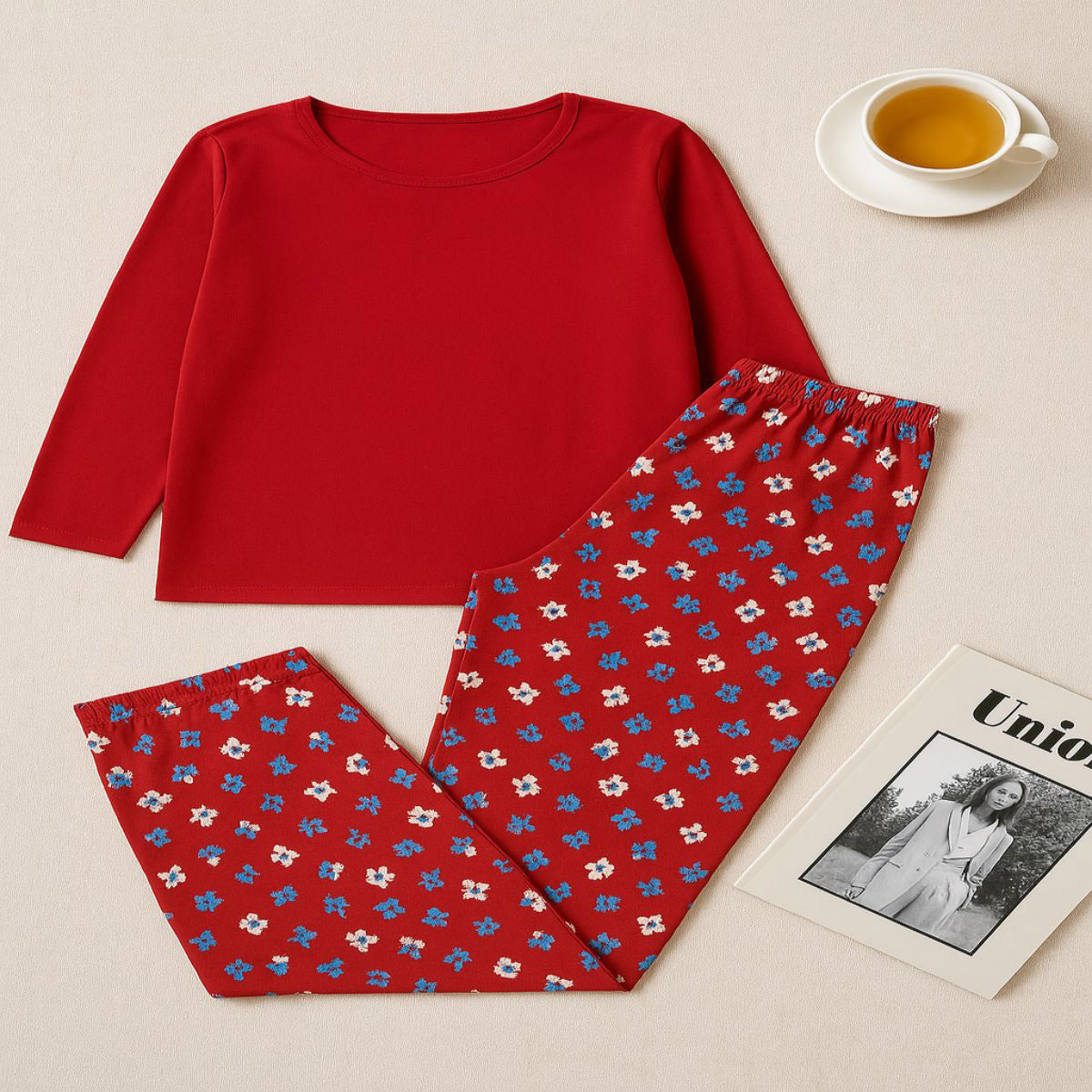 Pijama Feminino Suede Manga 3/4 em vermelho, vista frontal, pose 1.