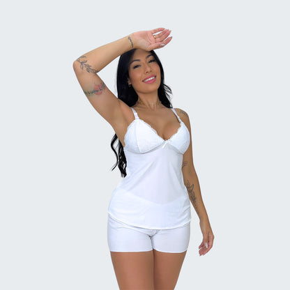 Short Doll Amamentação Detalhe em Renda em branco, vista frontal, pose 1.