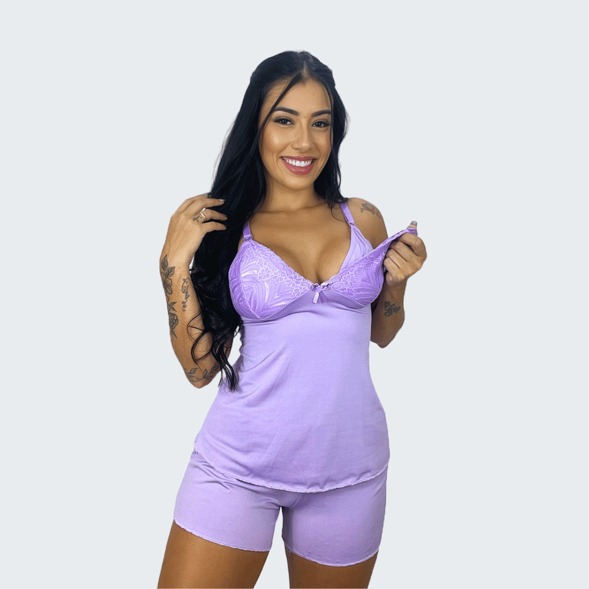 Short Doll Amamentação Detalhe em Renda em lilás, vista frontal, pose 1.