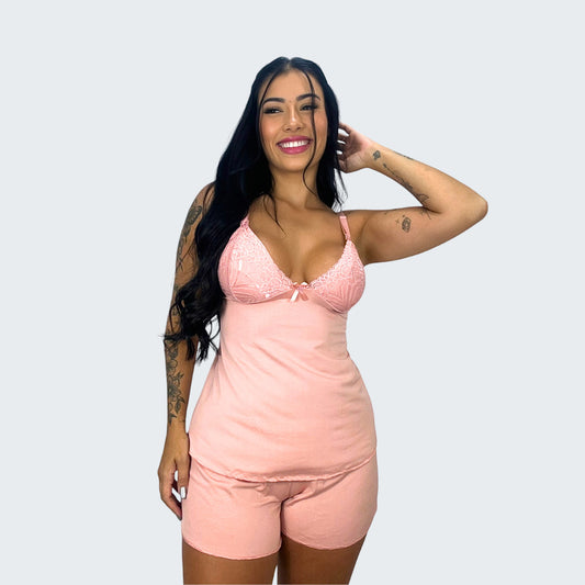 Short Doll Amamentação Detalhe em Renda em rosa, vista frontal.