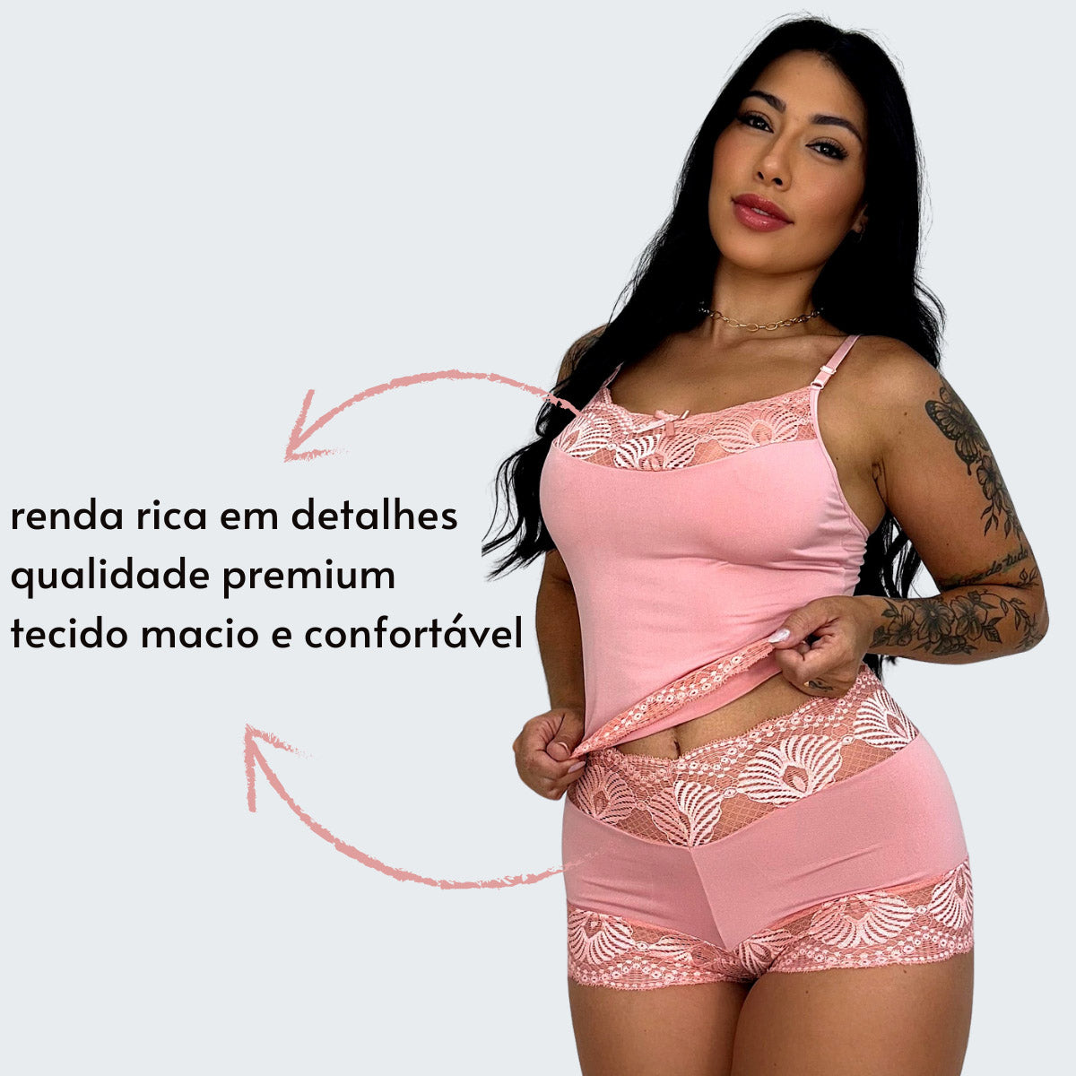 Baby Doll Sensual Liso com Renda em rosa, vista frontal.