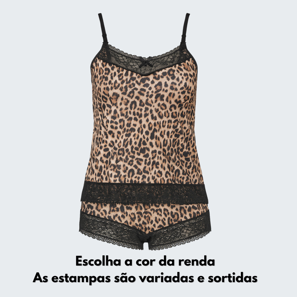 Short Doll Belíssima Estampado com Renda em preto, vista frontal, pose 1.