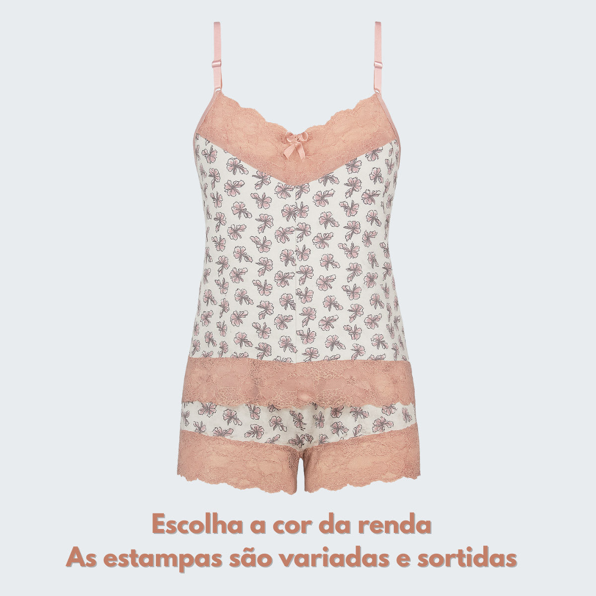 Short Doll Belíssima Estampado com Renda em rosa, vista frontal, pose 3.
