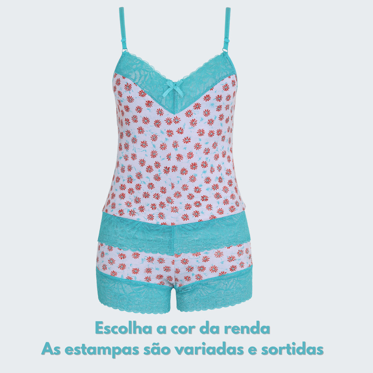 Short Doll Belíssima Estampado com Renda em verde, vista frontal.