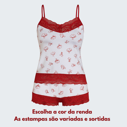 Short Doll Belíssima Estampado com Renda em vermelho, vista frontal, pose 2.