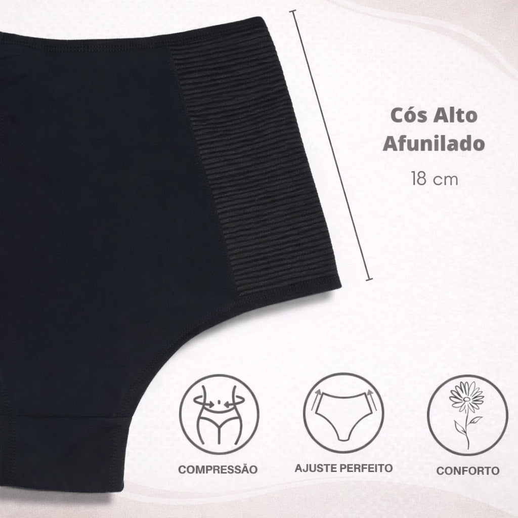 Calcinha Cintura Alta Compressão Galena em preto, detalhes do produto.
