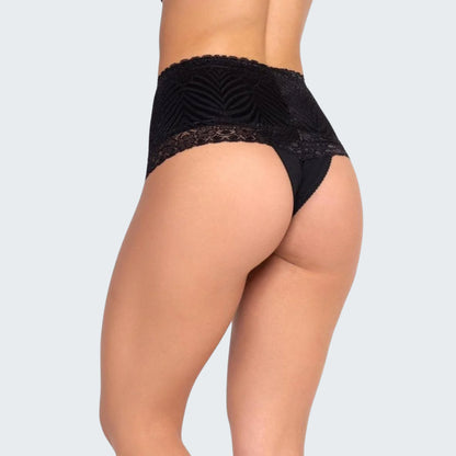 Calcinha Cintura Alta Modeladora Pós Parto em Renda e Cotton em preto cores escuras, vista traseira.