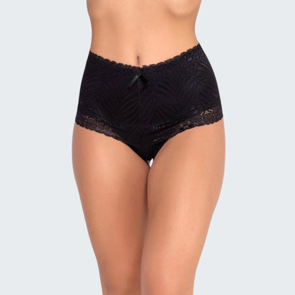 Calcinha Cintura Alta Modeladora Pós Parto em Renda e Cotton em preto cores escuras, vista frontal, pose 1.