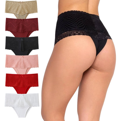 Calcinha Cintura Alta Modeladora Pós Parto em Renda e Cotton em preto cores sortidas, vista frontal.