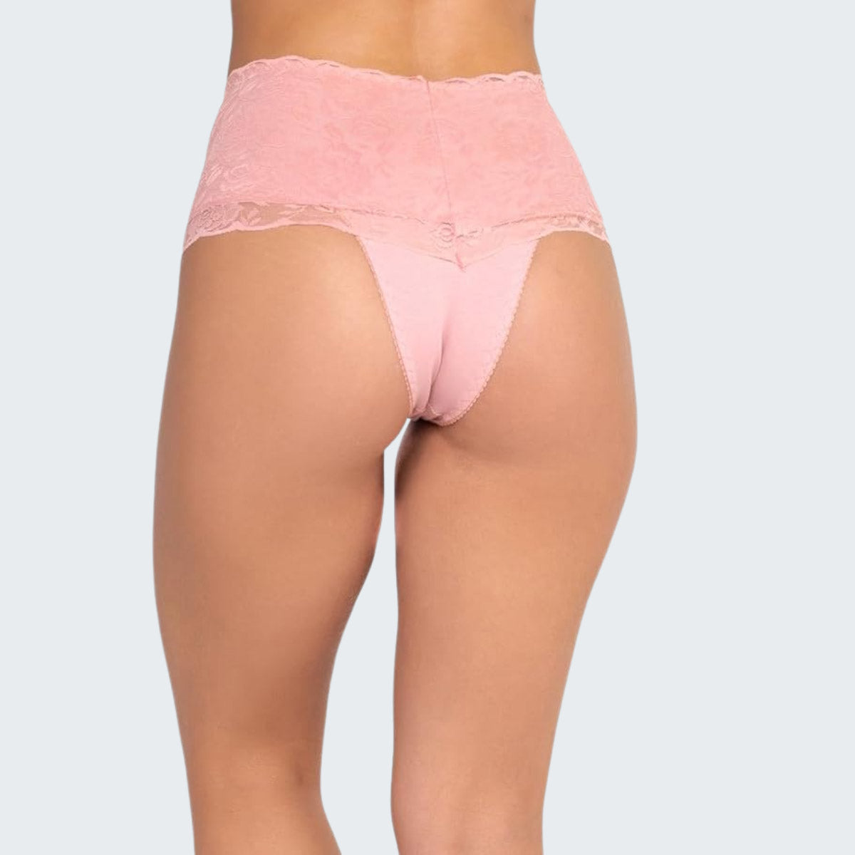 Calcinha Cintura Alta Modeladora Pós Parto em Renda e Cotton em rosa cores claras, vista traseira.