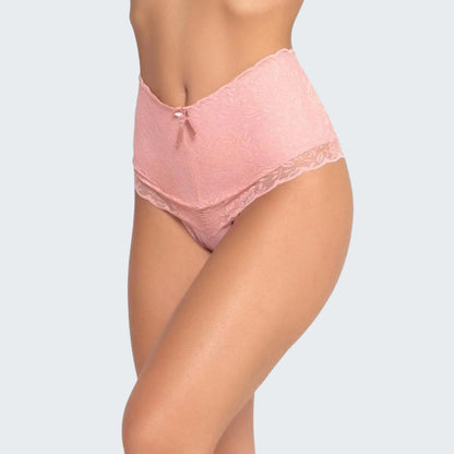 Calcinha Cintura Alta Modeladora Pós Parto em Renda e Cotton em rosa cores claras, vista frontal.