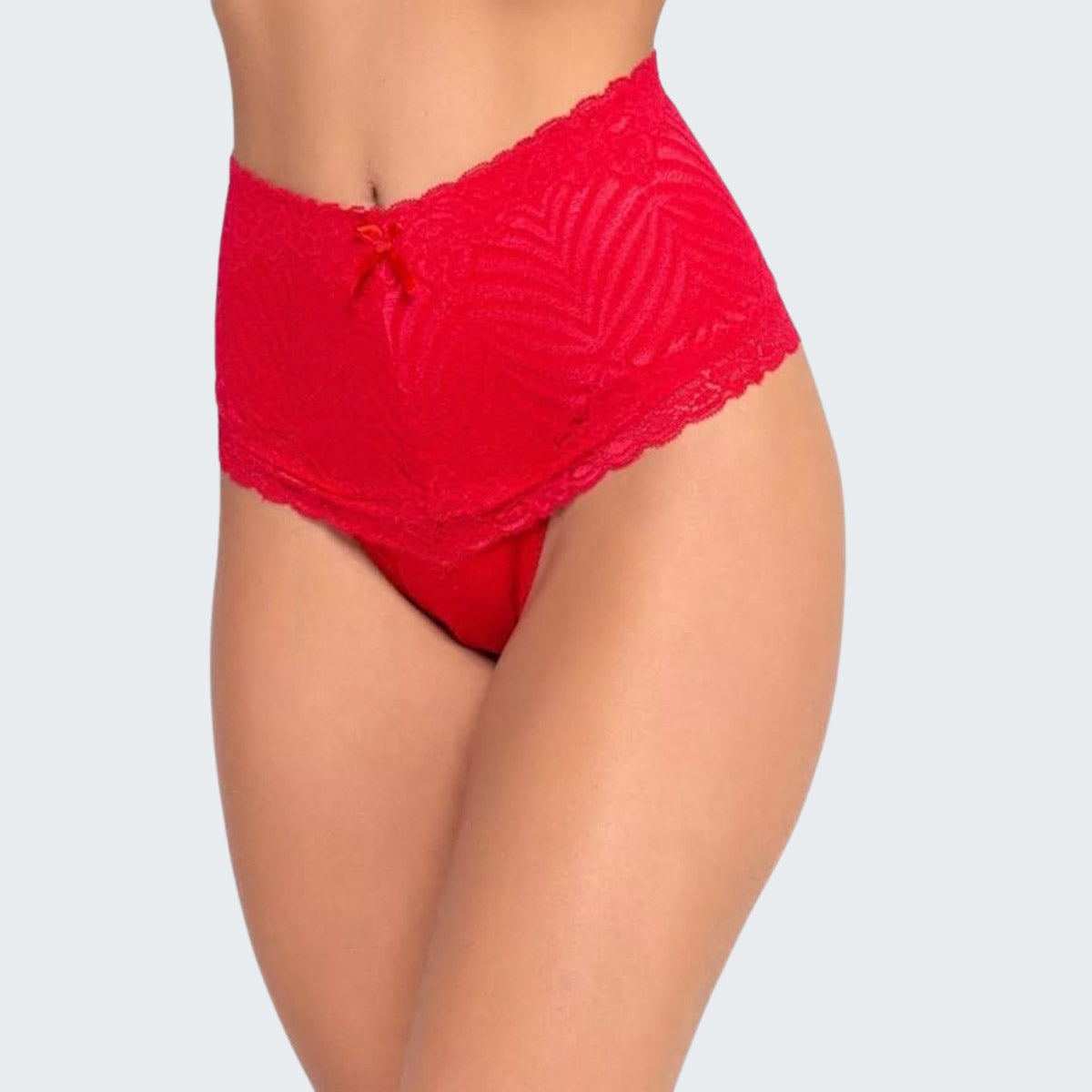 Calcinha Cintura Alta Modeladora Pós Parto em Renda e Cotton em vermelho cores claras, vista frontal.