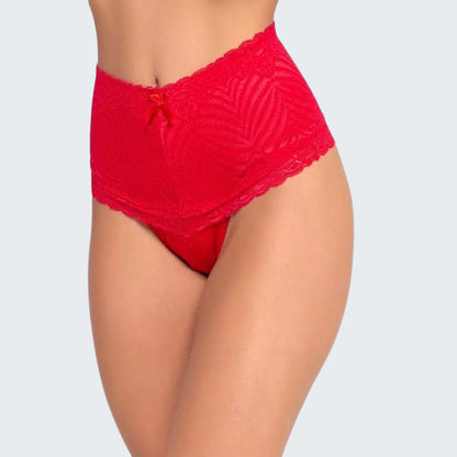 Calcinha Cintura Alta Modeladora Pós Parto em Renda e Cotton em vermelho cores claras, vista frontal.