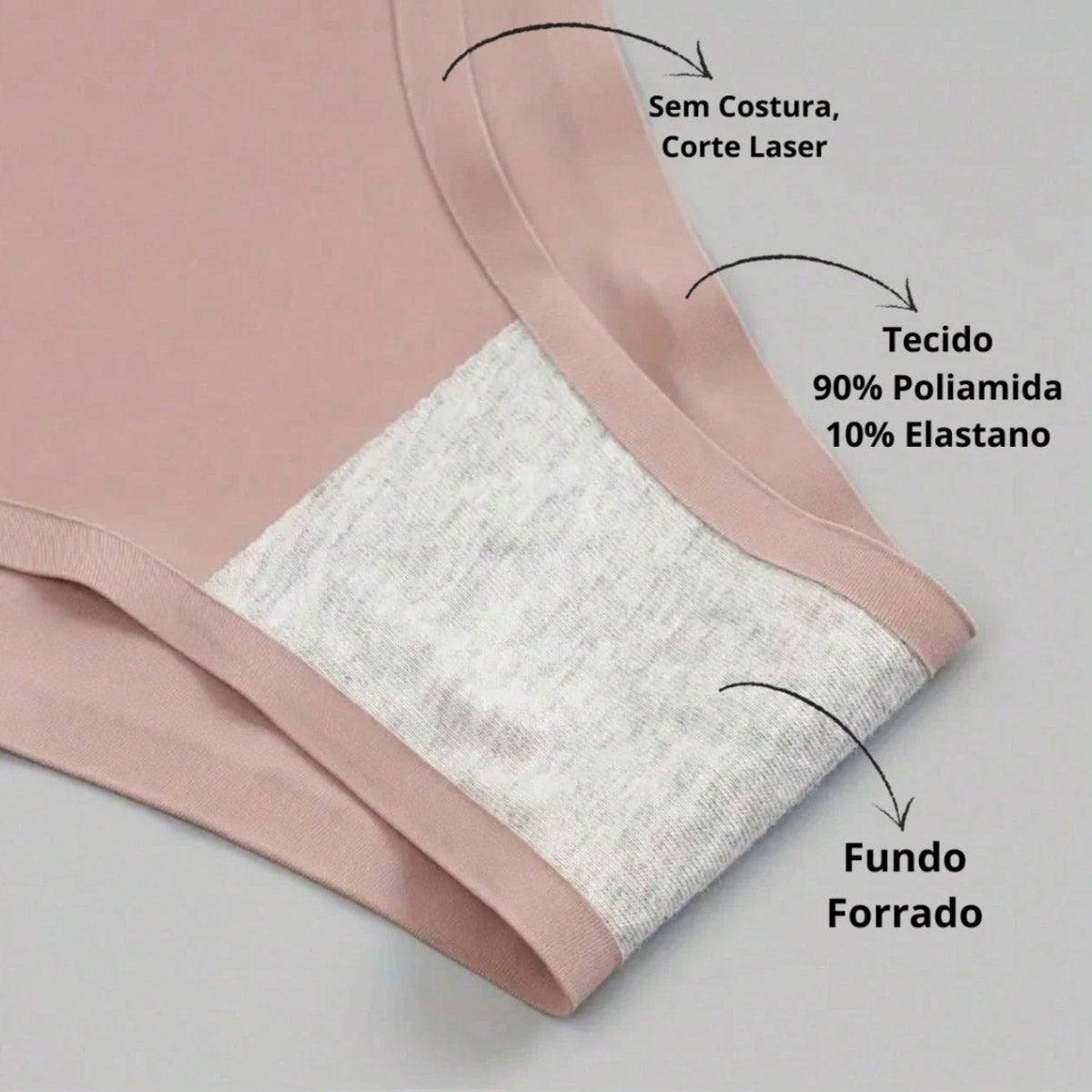 Calcinha Conforto Corte a Laser com Forro em rosa, detalhe do forro.