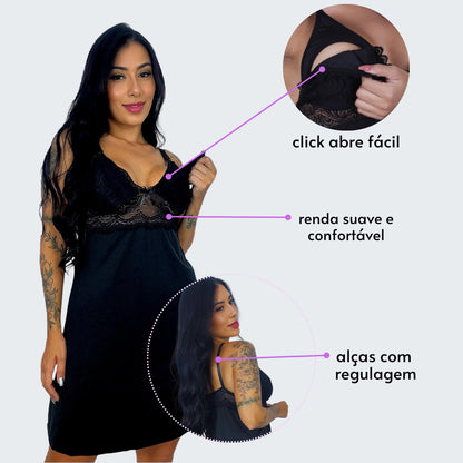 Camisola Amamentação sem Bojo com Renda em preto, vista frontal, pose 1.