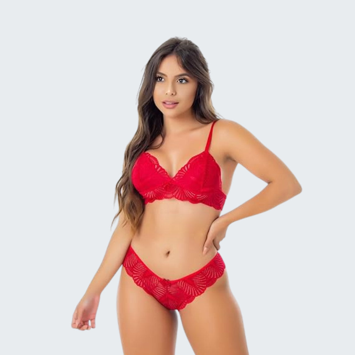 Conjunto Lingerie Renda Calcinha e Sutiã Sensual em vermelho, vista frontal, pose 1.