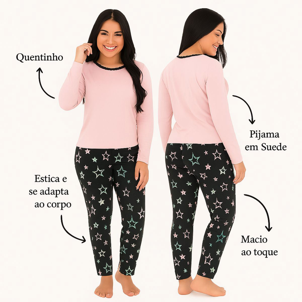 Pijama Feminino Suede Manga 3/4 em rosa, vista frontal.