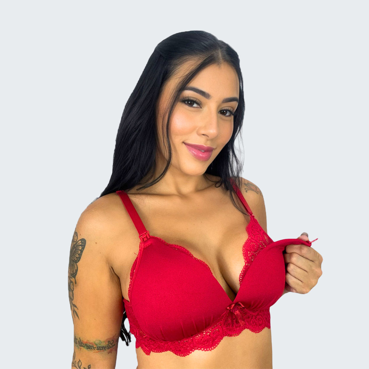Sutiã de Amamentação com Bojo e Renda em vermelho, vista frontal.