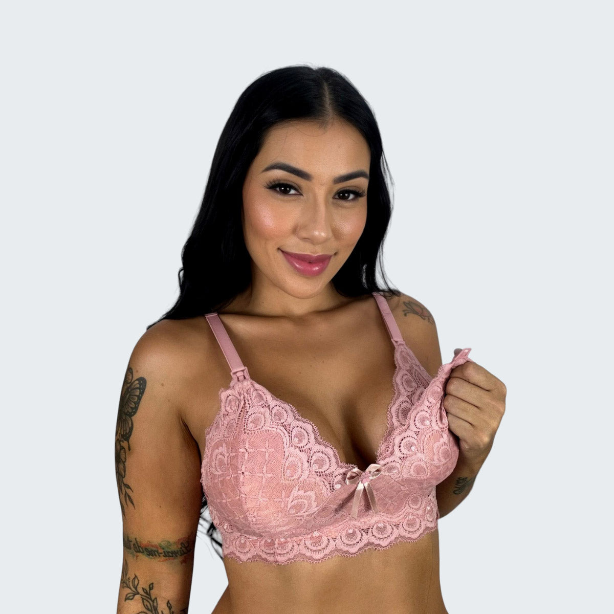 Sutiã de Amamentação de Renda Sem Bojo em rosa, vista frontal.