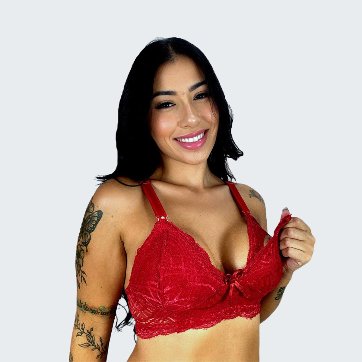 Sutiã de Amamentação de Renda Sem Bojo em vermelho, vista frontal.