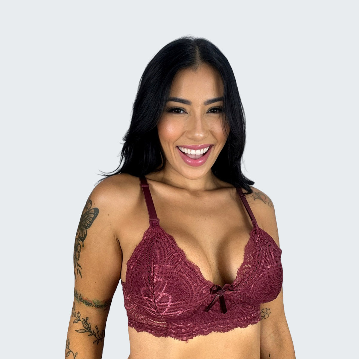 Sutiã de Amamentação de Renda Sem Bojo em vinho, vista frontal, pose 1.